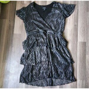 Glam En Focus Cross Front Black Gray Silver Mix Shimmering Ruffled Dress 18W